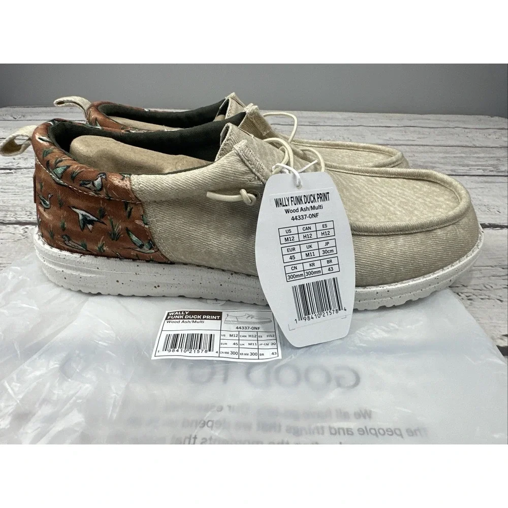 Hey Dude Men's Wally Funk Duck Print Wood Ash/Multi Slip-on Sneakers Size 12 NEW